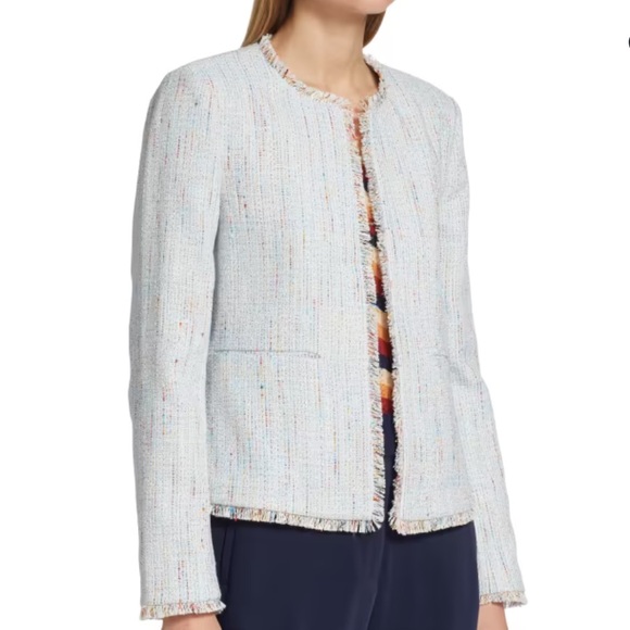Elie Tahari Light Weight Tweed Blazer Light Blue Metallic Frayed Trim - Picture 2 of 8